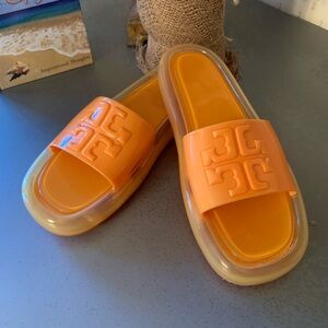 Tory Burch, JUST LIKE NEW, Bumblebee Jelly Slides. ORANGE, size 9B.